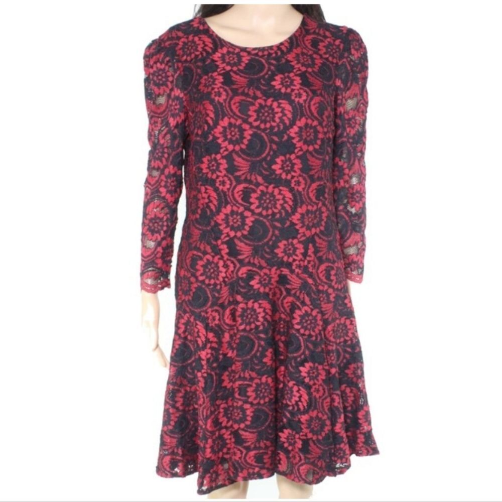 Tommy Hilfiger Women's Red Fit & Flare Floral-laced Formal Dress